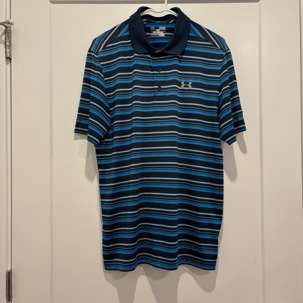 Under Armour HeatGear Mens Loose Fit Striped Polo Shirt Navy Blue Cyan Medium‎